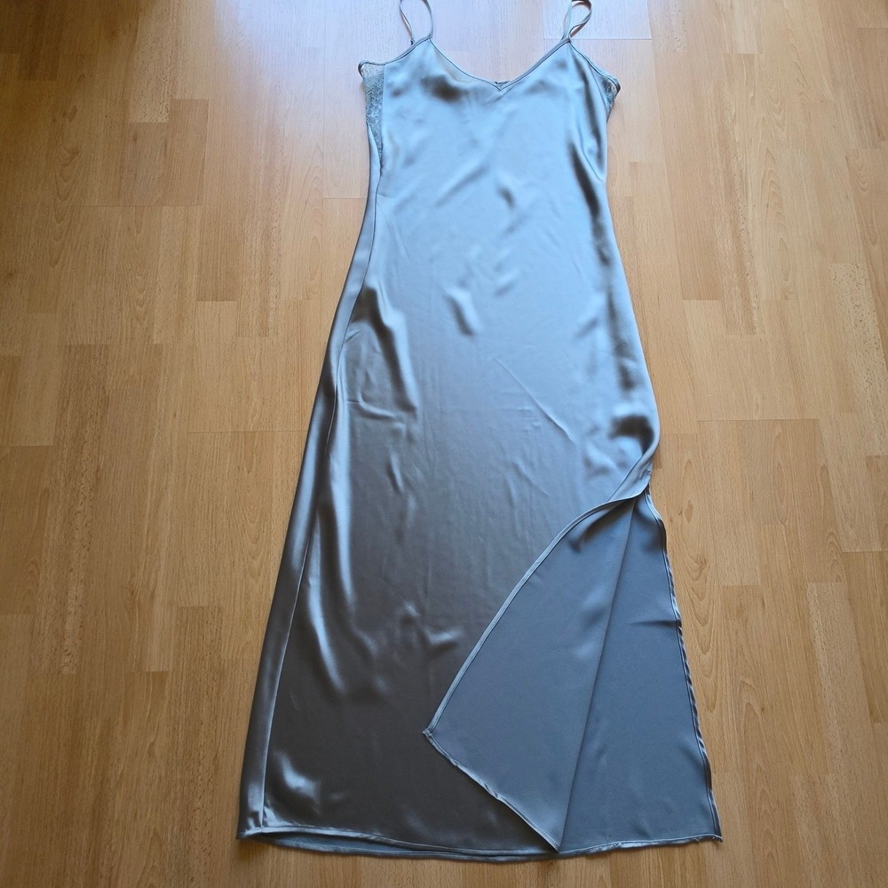House of Harlow 1960 Teal Grey Satin Lace Trim Maxi Slip Dress Womens Large - Picture 2 of 11